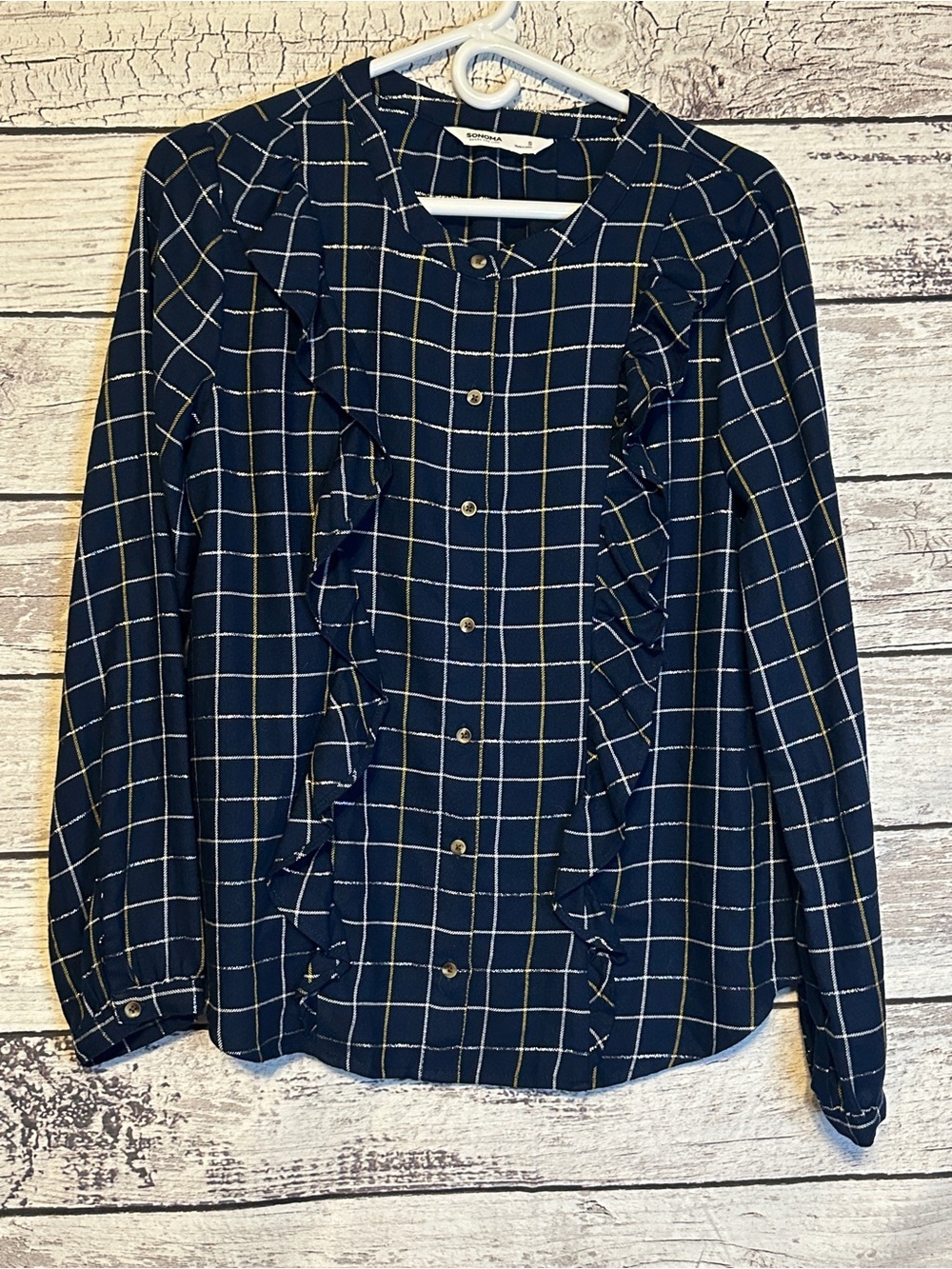 NWT Sonoma Ruffle Windowpane Plaid Blouse Small Navy Gold Button Front Top